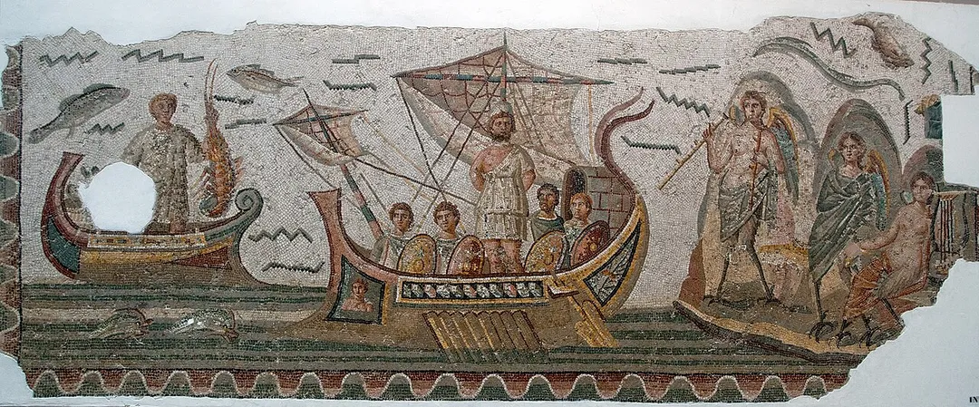 Roman mosaics. Odysseus listening to the singing of mermaids.