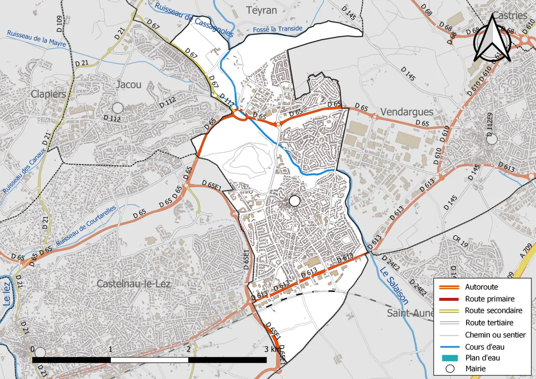 Carte du réseau hydrographique et des infrastrctures de la commune de fr:Le Crès (France).