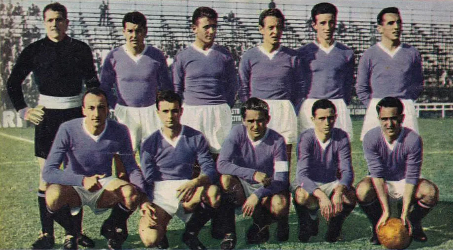 A line-up of A.C. Legnano in the 1956–57 season. From left to right, standing: Fabio Soldaini, Luigi Parodi, Ermanno Tarabbia, Karl-Erik Palmér, Ernesto Castano, Luciano Sassi; crouched: Edmondo Colombi, Angelo Panara, Luciano Lupi (captain), Fulvio Rivolta, Emilio Caprile.