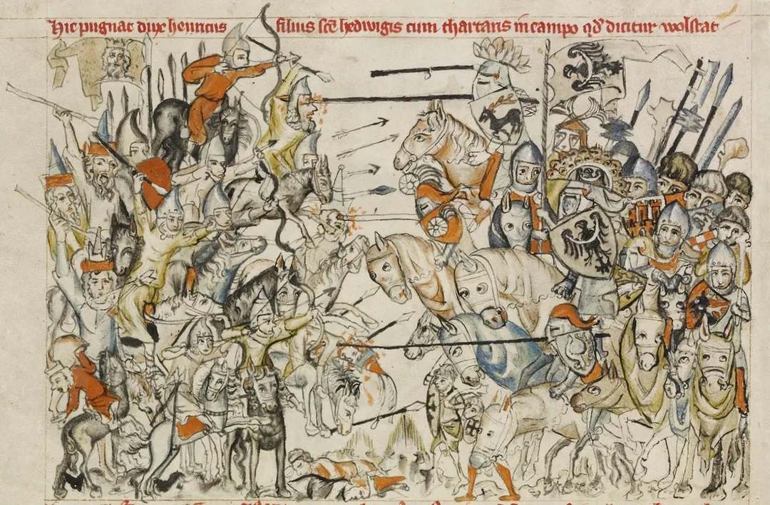 Battle of Legnica (legnitz) 1241. From Legend of Saint Hedwig Legend: "hic pugnat dux henricus filius sanctae hedwigis cum thartaris in campo quod dicitur wolstat" (en: Here Duke Henry, the son of St. Hedwig, is in battle with the Tartans in the field which is called Wahlstatt; de: Hier kämpft Herzog Heinrich, Sohn der Hl. Hedwig, gegen die Tartaren im Feld, das Wahlstatt genannt wird.)