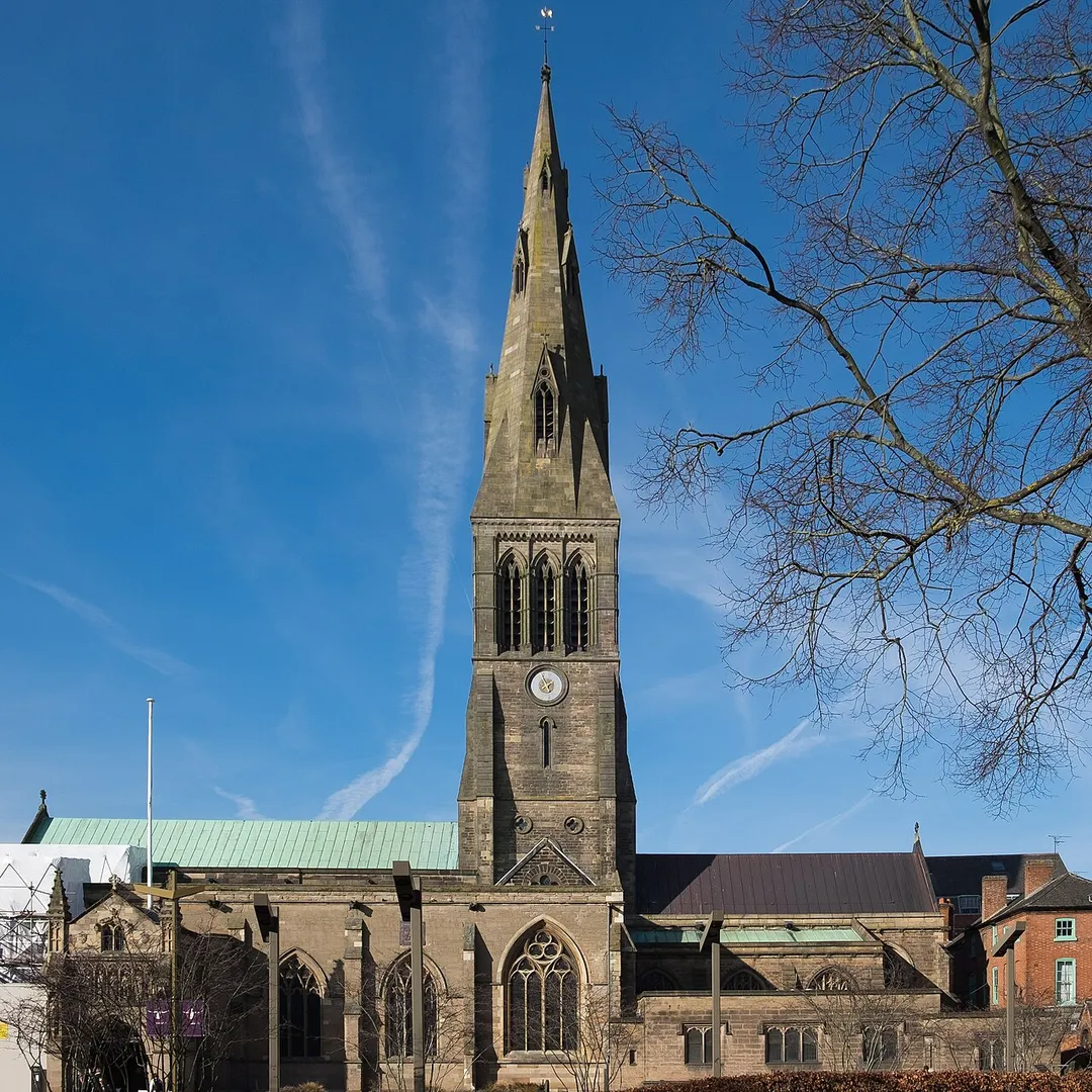 Leicester Cathedral, Leicester, England - viewed from the south across the Cathedral Gardens. This building (also known as St Martin's Cathedral) is a grade II* listed building in England.