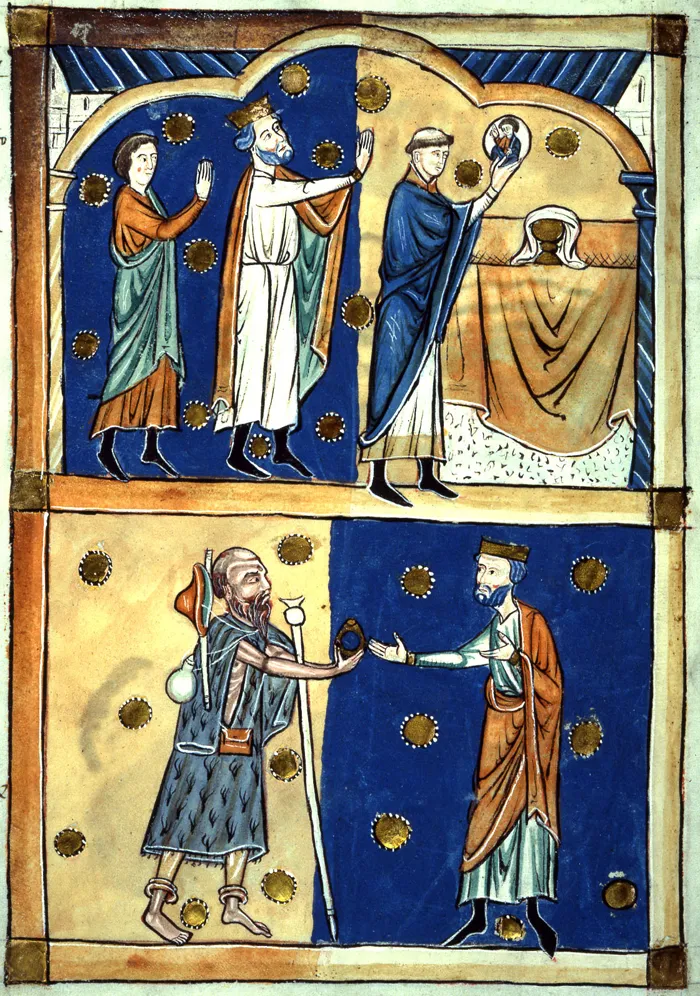 Description: Page from a 13th century Abbreviatio (abridgement) of Domesday Book. Above King Edward the Confessor and Earl Leofric of Mercia see the face of Christ appear in the Eucharist wafer and below the return of a ring given to a beggar who was John the Baptist in disguise.
Date: c.1240
Our Catalogue Reference: E 36/284
This image is from the collections of The National Archives. Feel free to share it within the spirit of the Commons.
For high quality reproductions of any item from our collection please contact our image library.