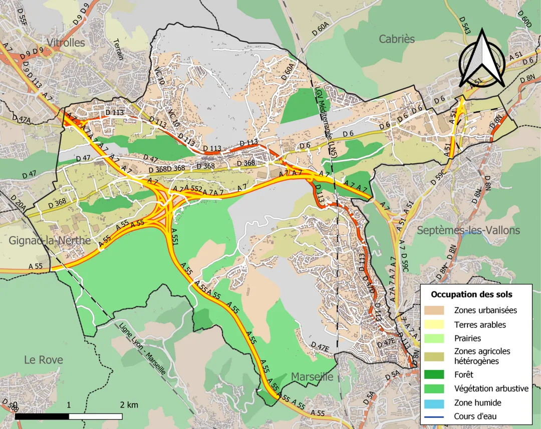 Carte des infrastructures et de l’occupation des sols en 2018 de la commune de fr:Les Pennes-Mirabeau (France).