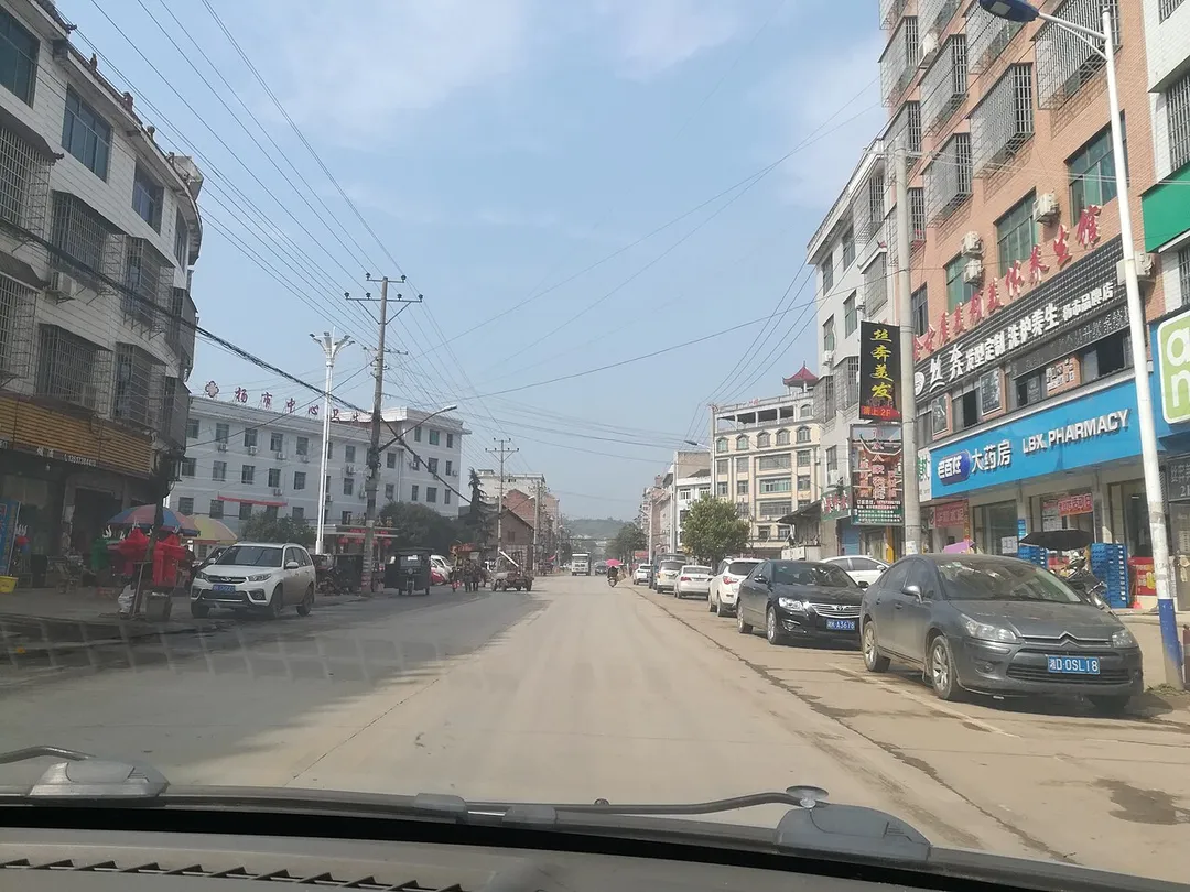 Residential buildings on both sides of the road in Yangshi Town, Lianyuan, Hunan, China.