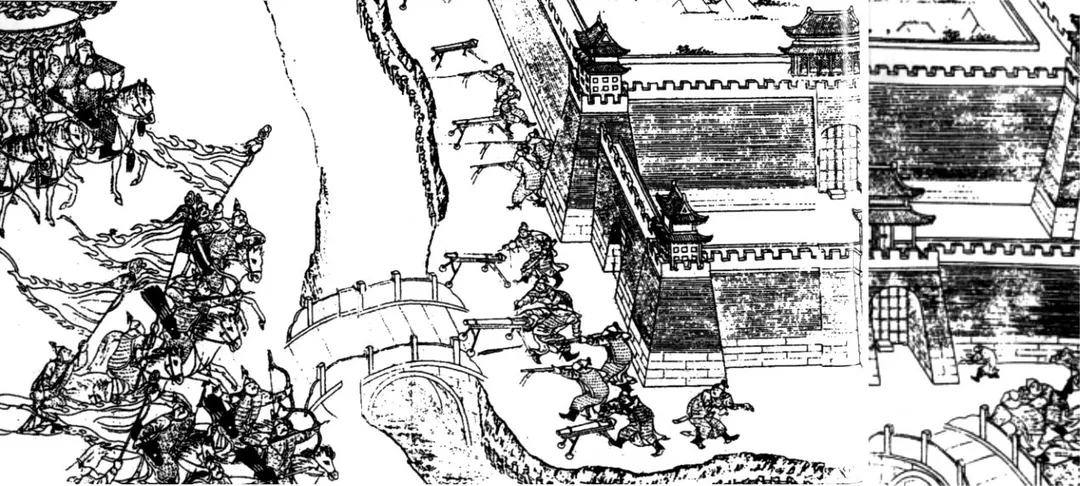 An ilustration of Nurhaci's biography depicting the battle of Liaoyang (1621)