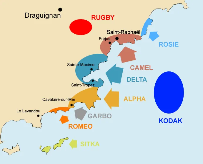 Operation Dragoon was the Allied invasion of southern France, on 15 August 1944, as part of World War II.Kodak : General Truscott. Groups Alpha, Camel and Delta forces.Alpha : General O’Daniel  United States -  Free FranceCamel : General Dalhquist  United StatesDelta : General Eagles  United StatesSitka : Colonel Walker  United States -  Canada. Special forces.Garbo : General De Lattre de Tassigny  Free FranceRomeo : Lieutenant-colonel Bouvier  Free FranceRosie : Capitaine de corvette Sénot  Free FranceRugby : General Frederick  United States -  United Kingdom. Operation Dove.Note: This is the current names of the towns and cities, they were different in 1944.