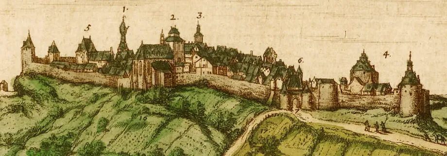 Beeld van de stad Limburg, hoofdstad van het hertogdom Limburg; omstreeks 1600 
1. La tour Jehan le Westi.
2. S. George Eglisse parochial.
3. La haille mason de la Ville.
4. Le Chateau.
5. La porte de haul.

6. La port de Chateau.