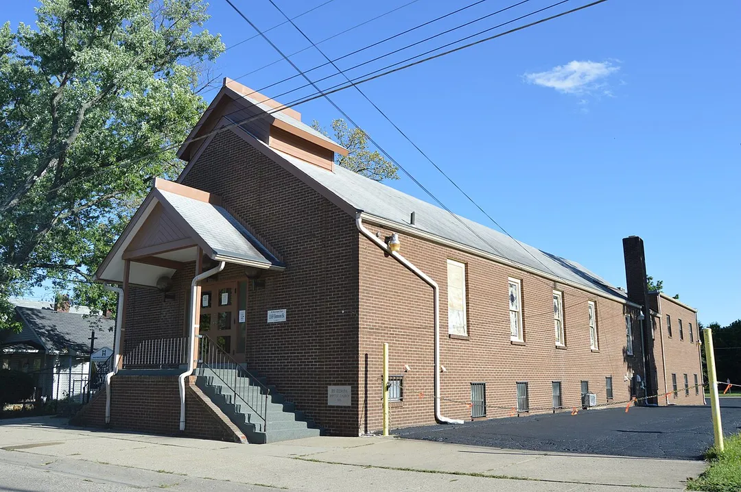 Western side and front of Mt. Moriah Missionary Baptist Church, located at 1169 Simmons Avenue in Lincoln Heights, Ohio, United States.  It was built in 1976.