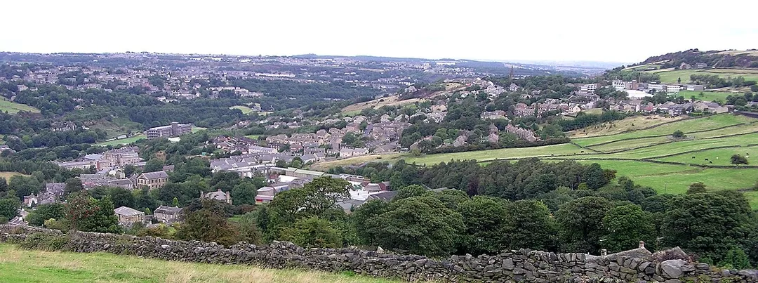 View North of Linthwaite and Linfit in the Colne Valley, Huddersfield England. Picture taken from 'High House Edge' adjacent to Blackmoorfoot Reservoir.