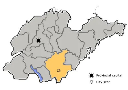 The prefecture-level city of Linyi is highlighted on this map of Shandong province, People's Republic of China.