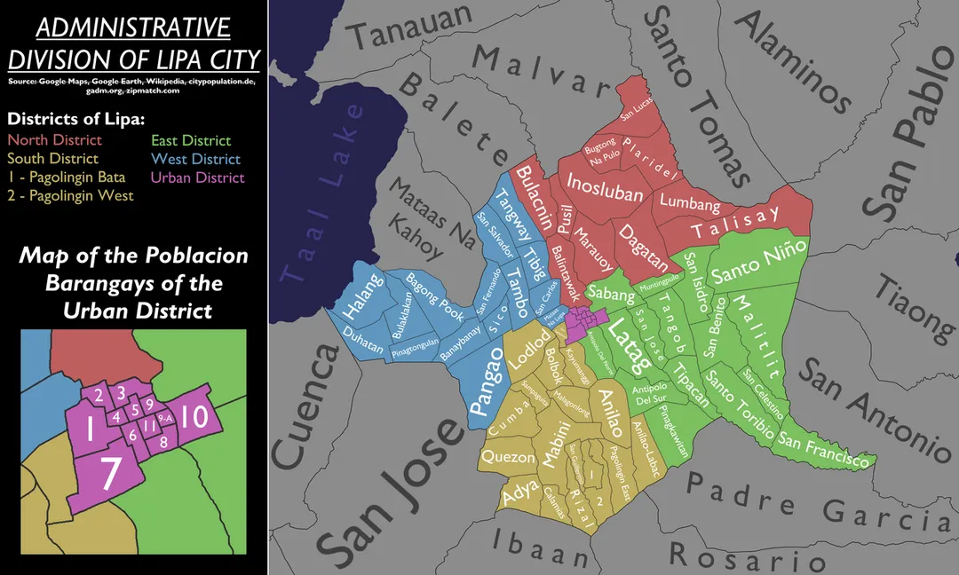 Map of the Lipa City with Barangay boundaries and labels