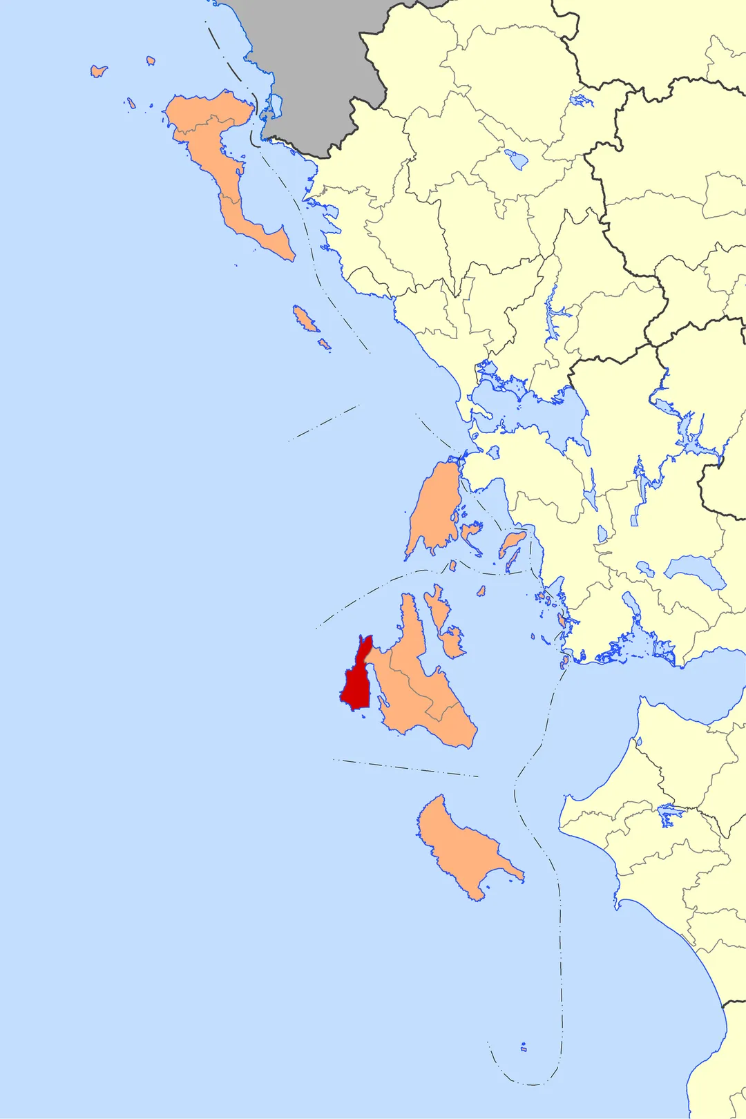 Locator map for Lixouri municipality in Greek region Ionian Islands (2019), after change in administrative unit (FEK 43a/2019)