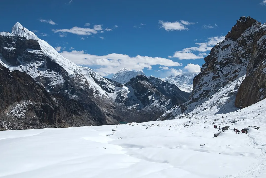 View to the east from Cho La Pass, 5,400 metres (17,700 ft) a. s. l. Glacial field covered with snow. Cho La Pass. Nepal, Himalayas.