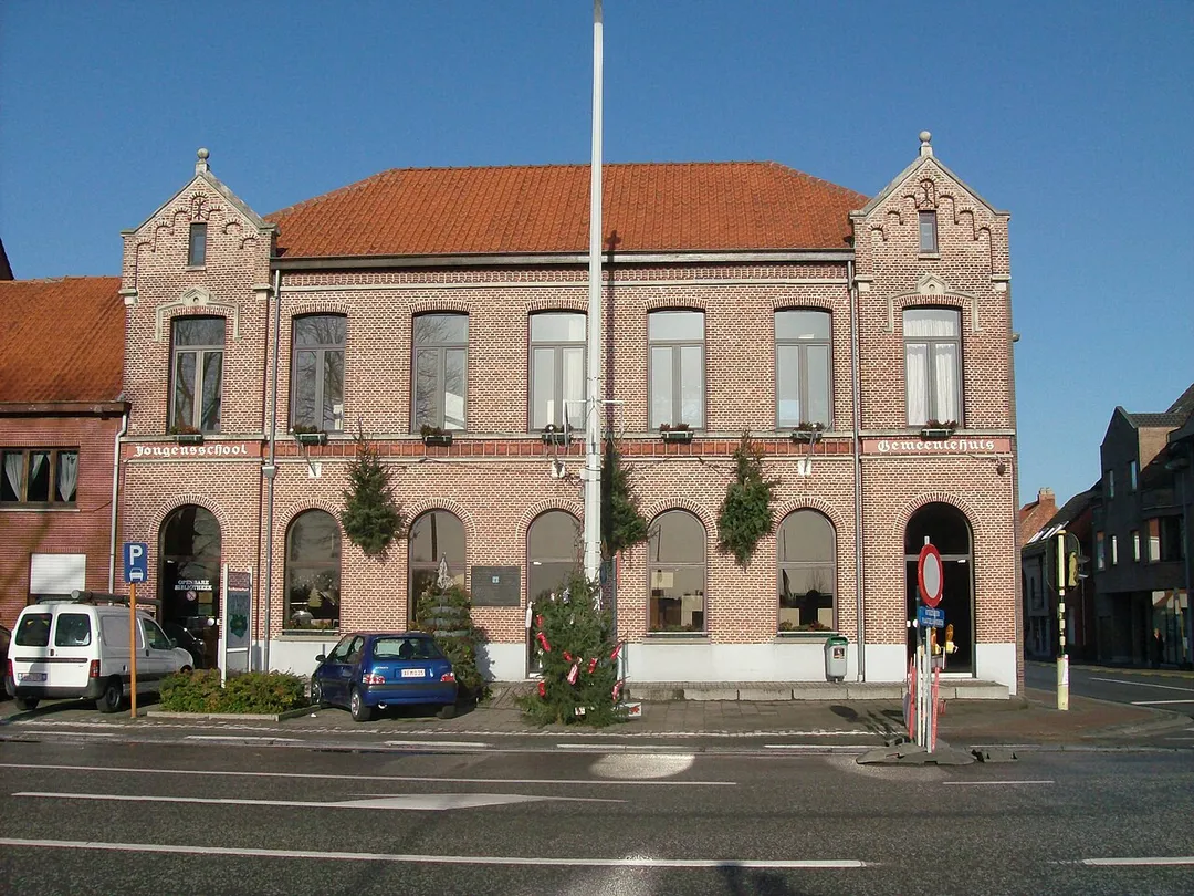 The public library in Zeveneken, former town hall and school. Zeveneken, Lochristi, East Flanders, Belgium