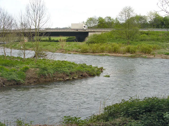 River Sülz flowing into river Agger near Lohmar, Germany. In the background: Autobahn A 3 Cologne – Frankfurt.