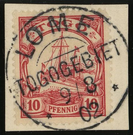 Stamp of German Togo,10 pfg issue 1900, cancelled LOME TOGOGEBIET in August 1902.