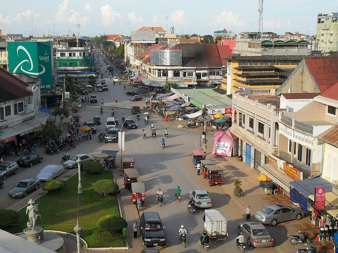 National Highway 5 intersecting Street 207 and Street 212 in downtown Battambang City near the central market,  Cambodia