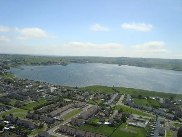 Aerial view over Loughrea town toward lake