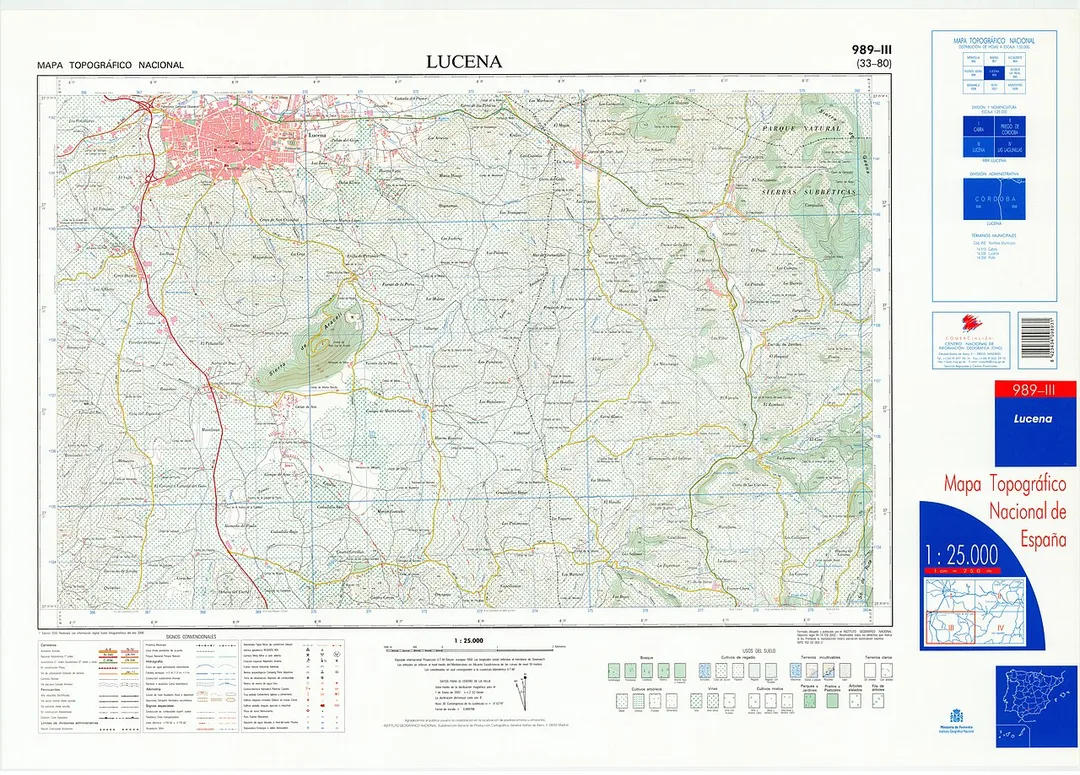 Fragment 0989c3 of the National Topographic Map of Spain in 2002 at a scale of 1:25000 printed and scanned with a resolution of 250 ppi. It shows Lucena.