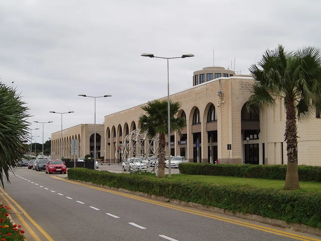 View of the Malta International Airport, with the arrivals lounge to the right of the picture.