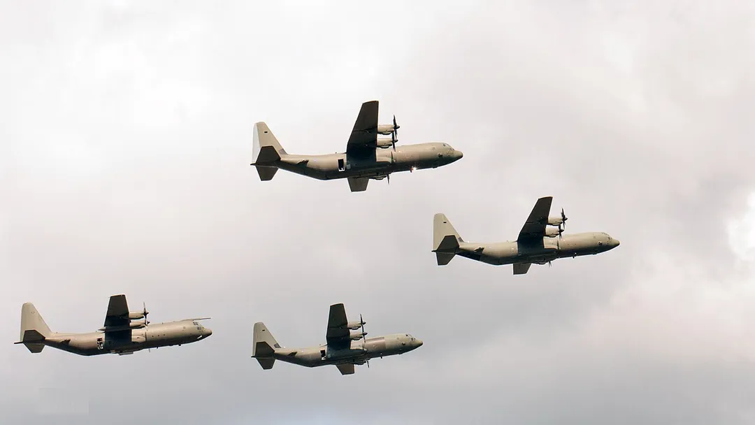 Last four Hercules fly from RAF Lyneham to RAF Brize Norton, on their way over Wootton Bassett, on July 1, 2011.