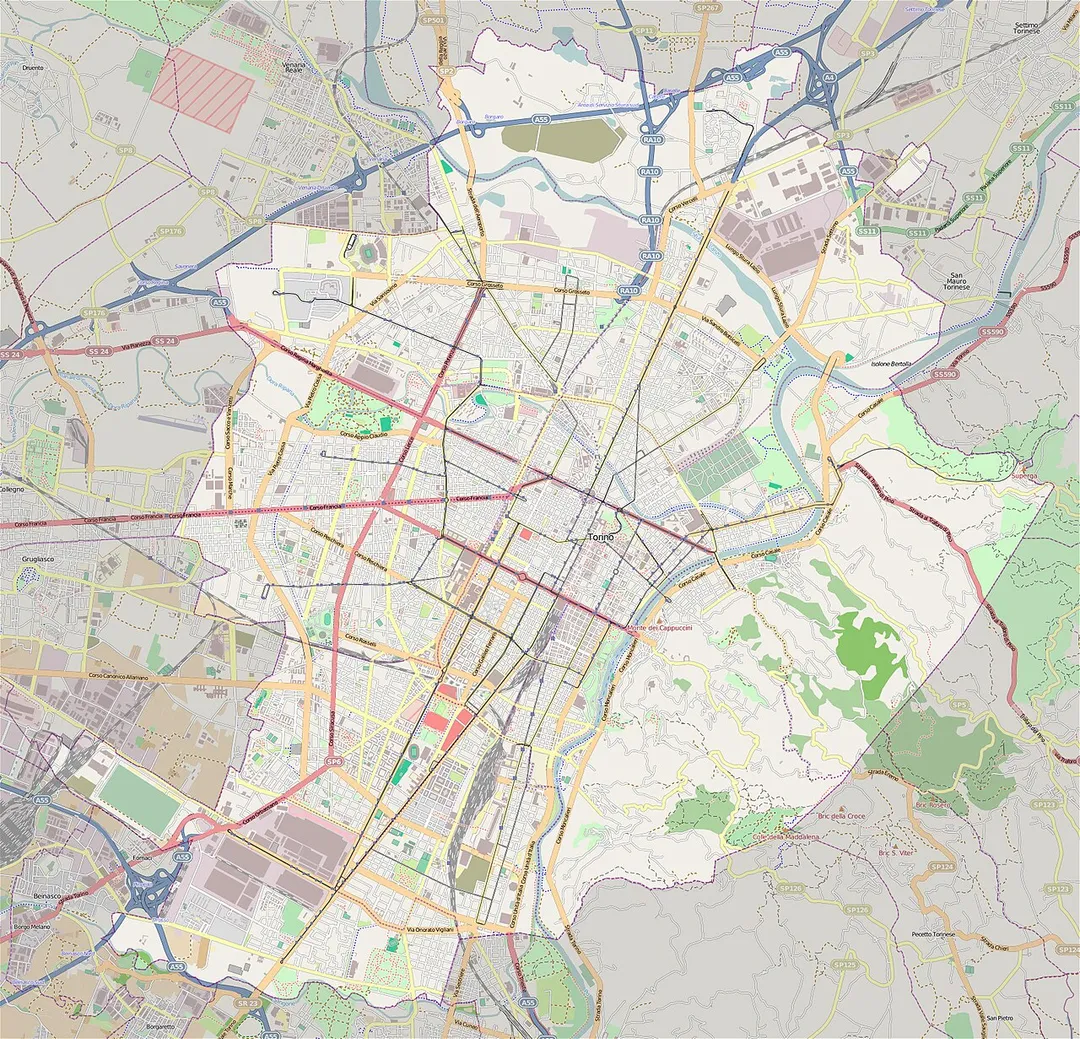 Map of the city of Turin, Italy. Geographical limits of the map: