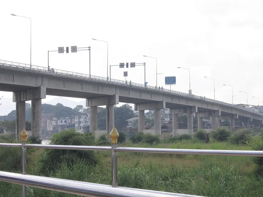 Thai-Myanmar Friendship Bridge on Asian Highway 1 linking Amphoe Mae Sot, Tak, Thailand with Myawaddy, Karen State, Myanmar. Photo taken on Thai side.