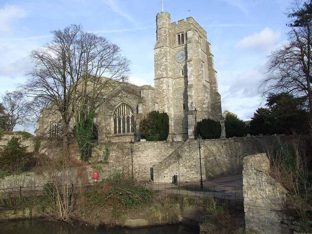 The Horse Way and All Saints' parish church, Maidstone, Kent, seen from the southwest from the River Medway