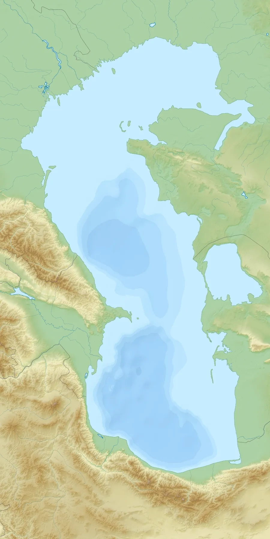 Relief Location map of Caspian_Sea.
Projection: Equirectangular projection, strechted by 138.0%.
Geographic limits of the map:
N: 48.0° N
S: 35.0° N
W: 46.0° E
E: 55.0° E
Projection center:
NS: 41.5° N
WE: 50.5° E
GMT projection: -JX15.24cd/30.3784cd
GMT region: -R46.0/35.0/55.0/48.0r
GMT region for grdcut: -R46.0/35.0/55.0/48.0r
Relief: SRTM30plus.
Made with Natural Earth. Free vector and raster map data @ naturalearthdata.com.