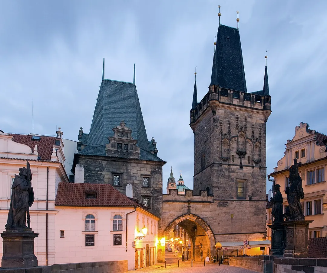A view of the bridge tower at the end of the Charles Bridge on the side of Malá Strana in Prague, Czech Republic.