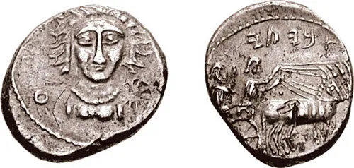 SYRIA, Cyrrhestica, Bambyce (later Hieropolis). Abyaty. Circa 340-332 BC. AR Didrachm (8.41 gm, 11h). "[Hadad] and Ateh" in Aramaic, facing female bust, wearing necklace / "Abyaty" in Aramaic, high priest and driver, who hold reins, in quadriga right. Mildenberg, "A note on the coinage of Hierapolis Bambyce," Travaux Le Rider, 5 (this coin); Seyrig, "Le monnayage de Hieropolis de Syrie à l'epoque d'Alexandre," RN 1971, pl. 1, 4; Price, "More from the Memphis and the Syria 1989 hoard," Essays Carson-Jenkins, pg. 34, 16-17; BMC Syria -; SNG Copenhagen -; cf. SNG München 453. Good VF, toned, light scratches, obverse banker's mark, test cut on reverse. Very rare.
This remarkable coinage was struck by the last Achaemenid daynasts/priests of Bambyce, and spans the gap between the Achaemenid and Alexandrine issues. With the exception of the Atargatis type (see next lot), the types used were primarily copied from popular coins in circulation at the time. On this particular issue, we see the influence of the contemporary facing-head issues of Tarsos (which themselves were influenced by Kimonean Syracuse issues; see lots 508-509 above), and the quadriga type in use at Sidon.