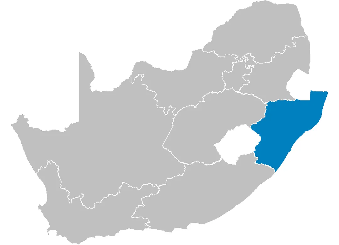 Map of South Africa showing the KwaZulu-Natal province after the 12th amendment of the constitution in December 2005.