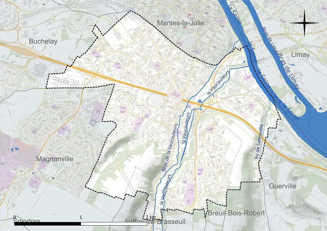 Carte du réseau hydrographique de la commune de fr:Mantes-la-Ville (France).