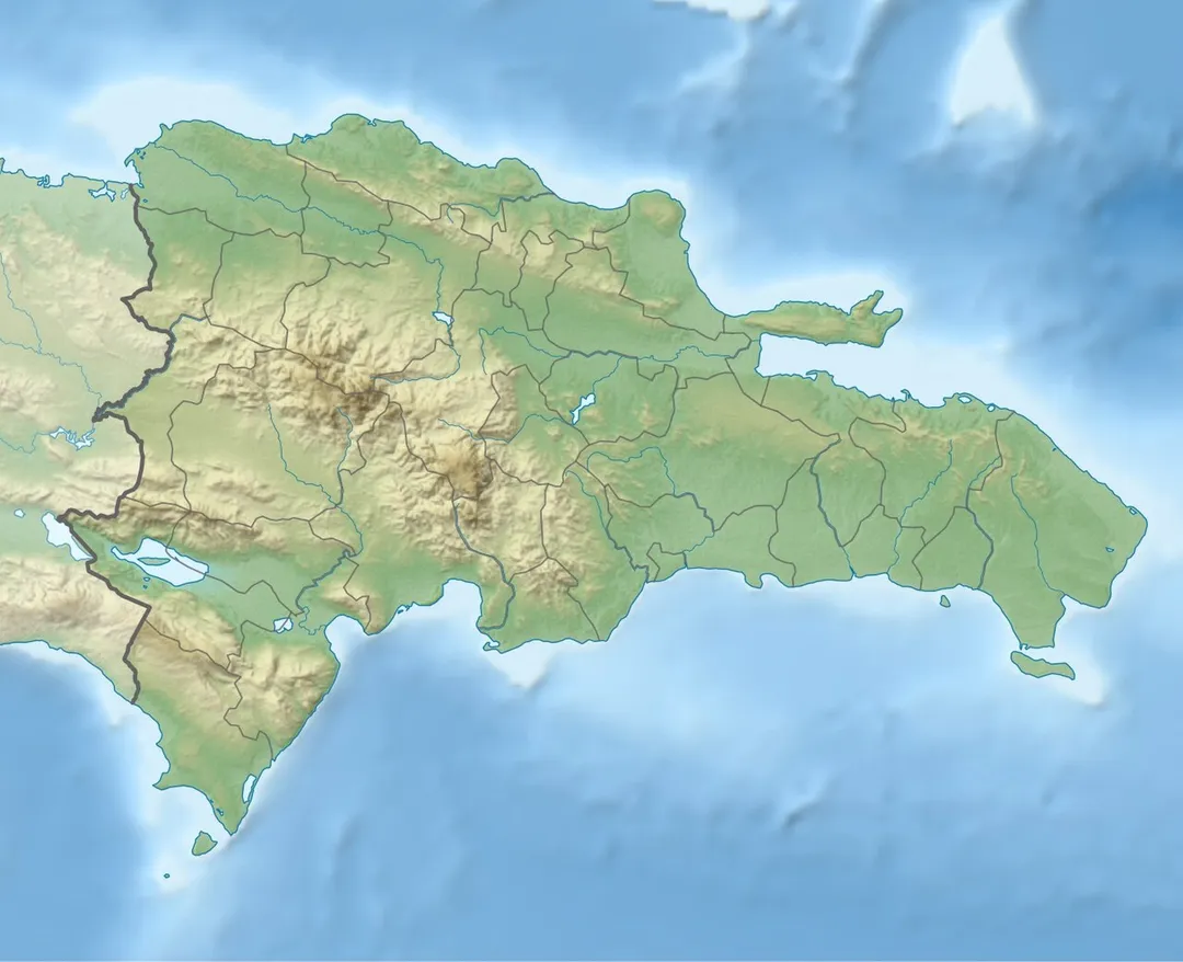 Physical Location map  Dominican Republic with Provinces, Equirectangular projection, N/S stretching 105 %. Geographic limits of the map: