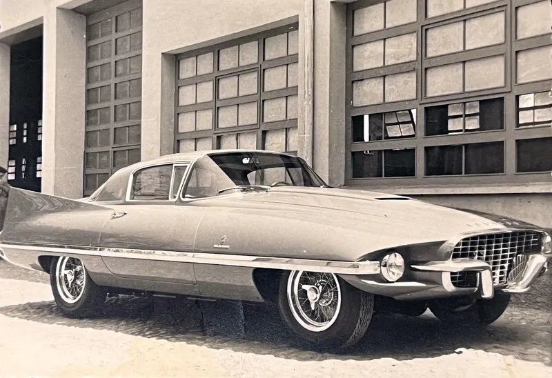 1955 model Ferrari 410 Superamerica by Ghia s/n 0473SA outside Ferrari gates in Maranello in 1956, referred to as "Gilda".