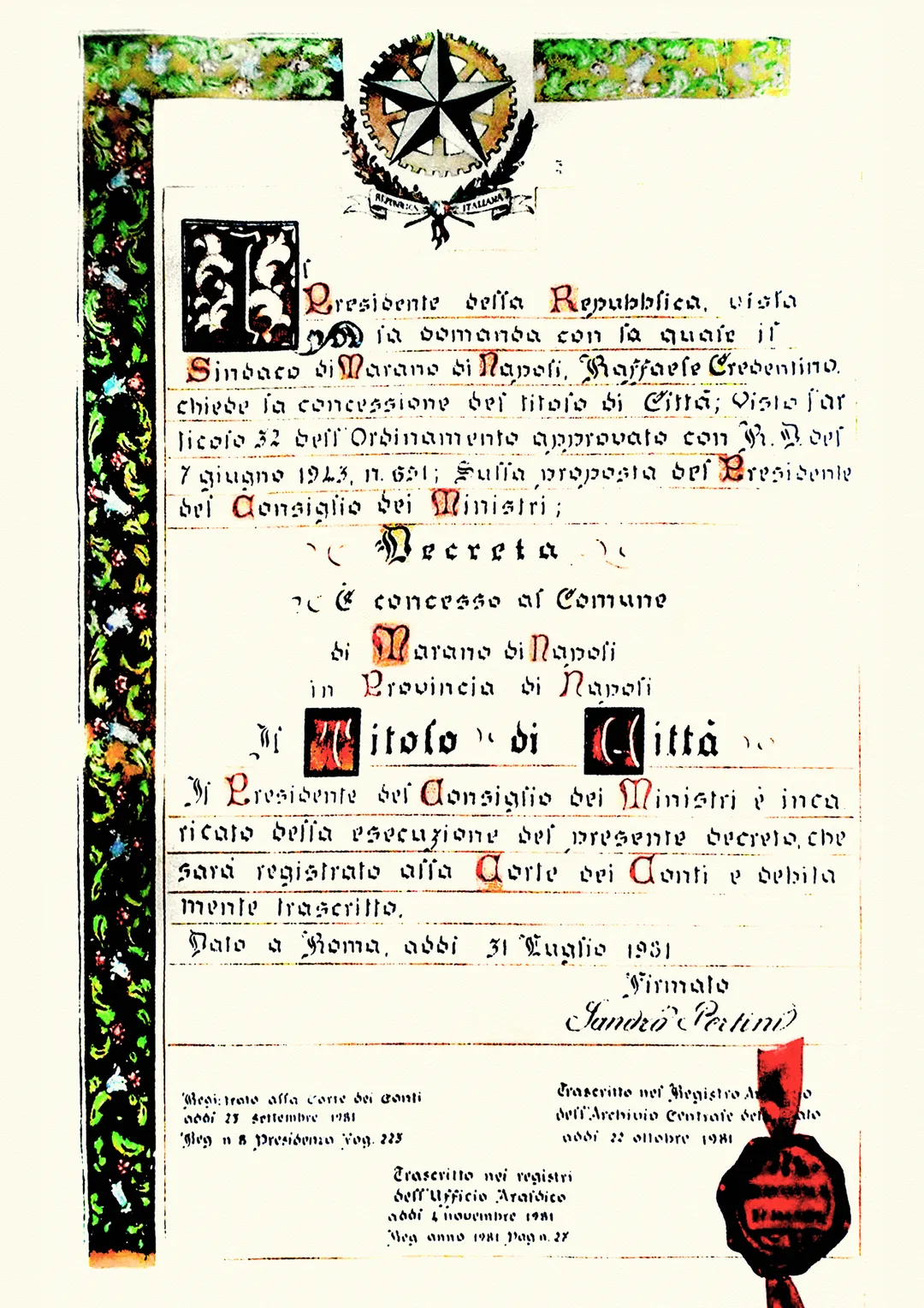 Documento ufficiale di insignazione titolo di città al comune di Marano di Napoli, 1981.