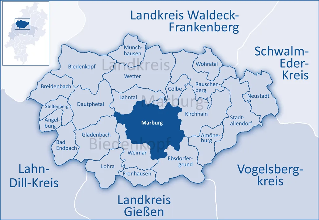 The map shows the administrative area of the city of Marburg in the district of Marburg-Biedenkopf
