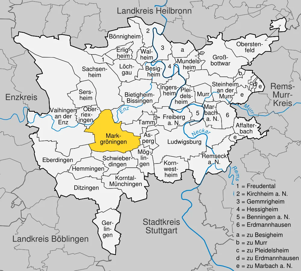 position of Markgröningen within distict of Ludwigsburg, Baden-Württemberg, Germany