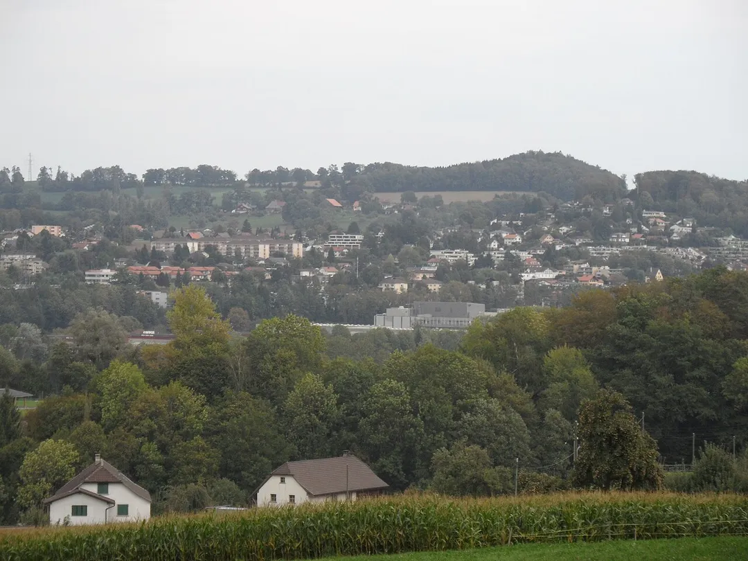 Vue de Marly dans le canton de Fribourg en Suisse depuis le hameau de Chésalles.