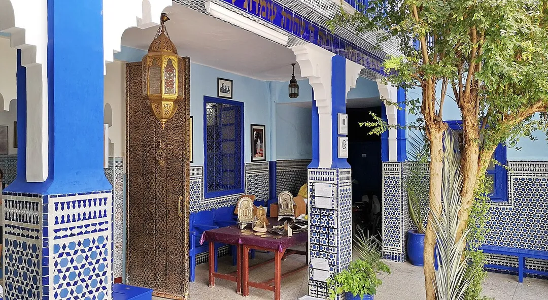 Only a couple of synagogues in the Mellah are still used by Marrakesh's dwindling Jewish community, including this one, which doubles as an interesting museum of Jewish life in Morocco. It was originally built in 1492 by Jews expelled from Spain, but its blue-and-white interior is a much later iteration. The synagogue is on the right-hand side of the pretty internal courtyard – note the Star of David motif in zellige (colourful geometric mosaic tilework).