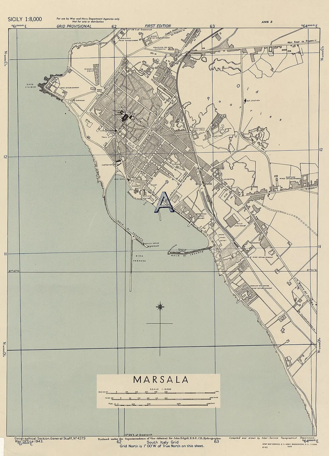 Old map of Marsala Sicily Italy from 1943