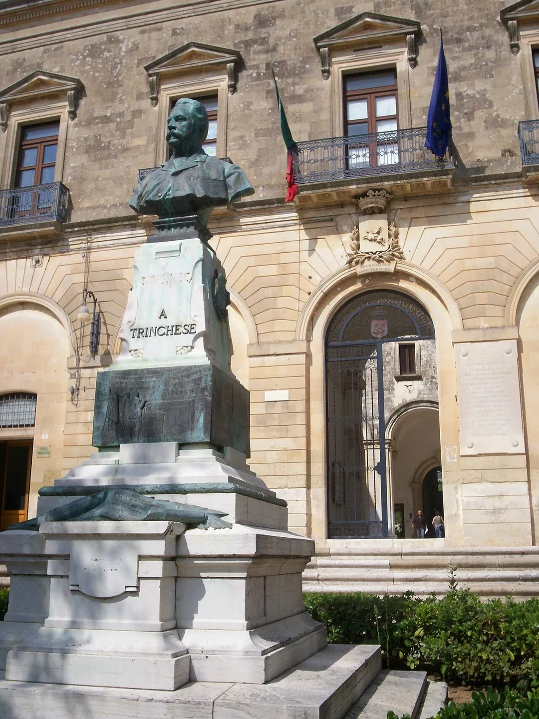 Martano city hall with Salvatore Trinchese's statue, province of Lecce - Apulia (Italy)