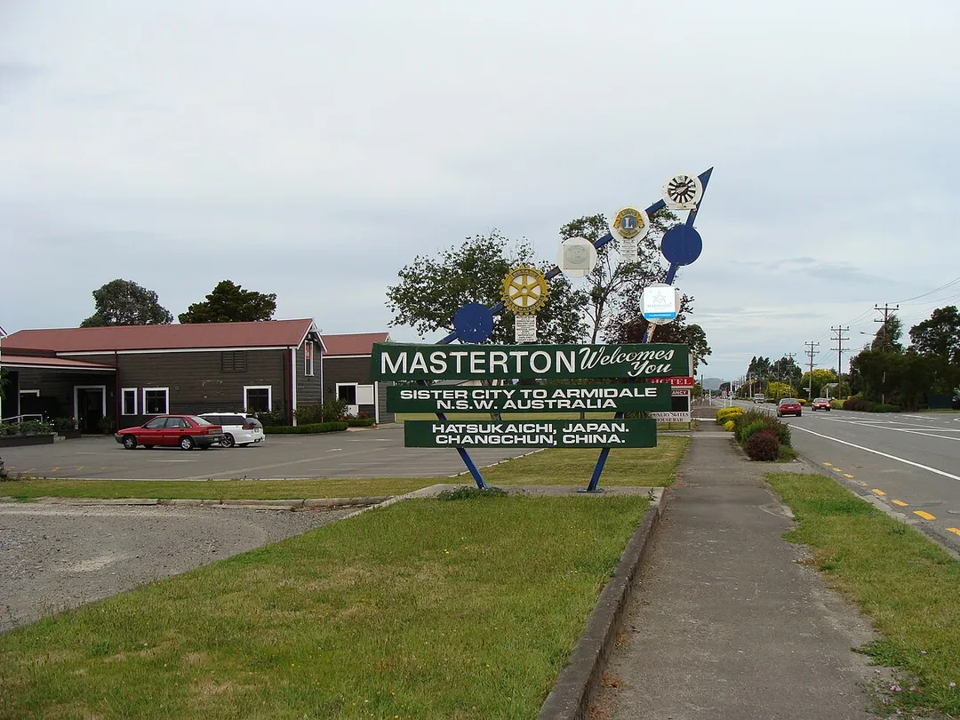 Welcome To Masterton sign at the southern end of Masterton, New Zealand.