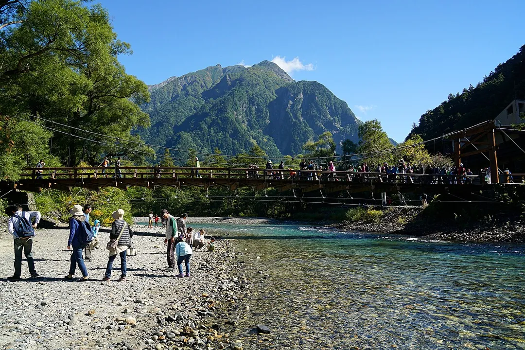 Mount Myojin  and Kappa-bashi bridge at Kamikochi, Matsumoto, Nagano prefecture, Japan
