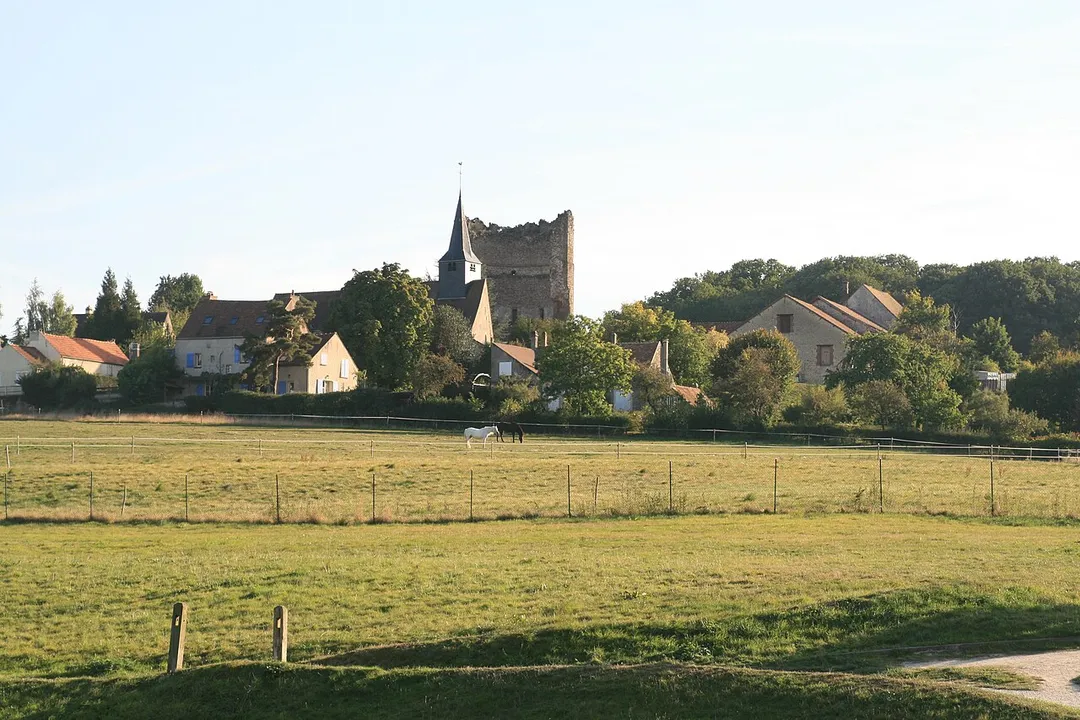 Maurepas (France, 78) : les ruines du donjon et l'Eglise Saint Sauveur vues depuis la rue de la Courance