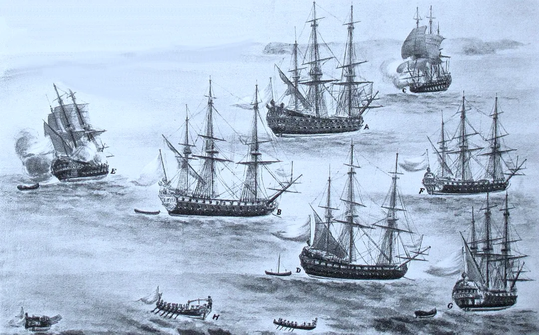 Naval parade organised by Maurepas
A. Neptune
B. Aimable
C. Ardent
D. Achille
E. Argonaute
F. Brillant
G. Parfait

H. Launch carring Maurepas