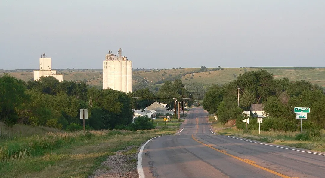 Maywood, Nebraska, seen from the west along Nebraska Highway 23.