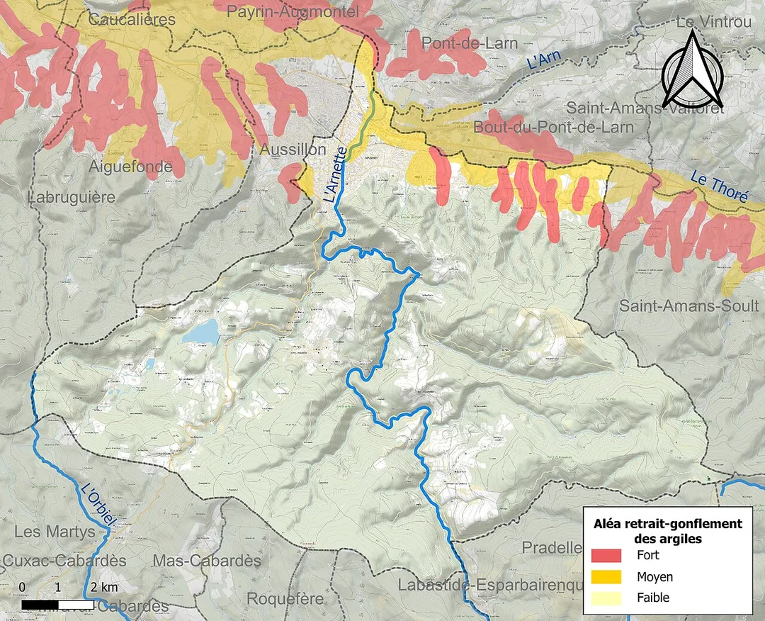 Carte de l'aléa retrait-gonflement des argiles sur la commune de fr:Mazamet (France).