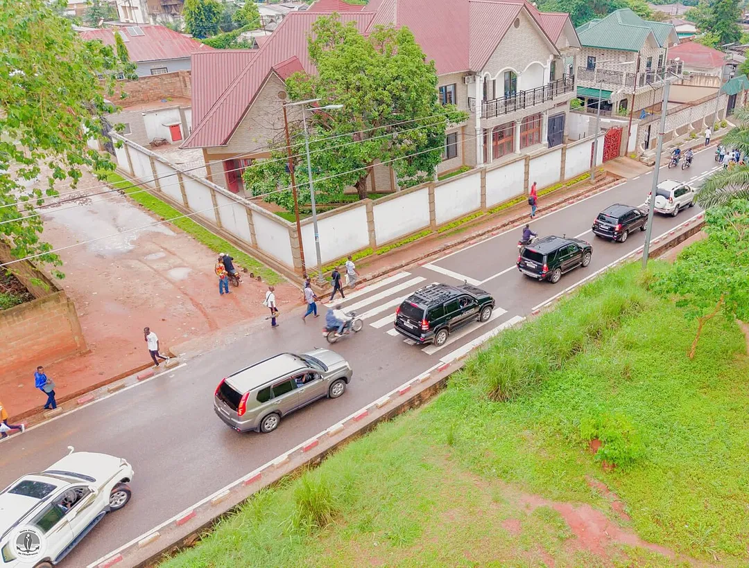 Une scène de rue à Mbuji-Mayi, avec des piétons et des véhicules circulant dans un quartier résidentiel