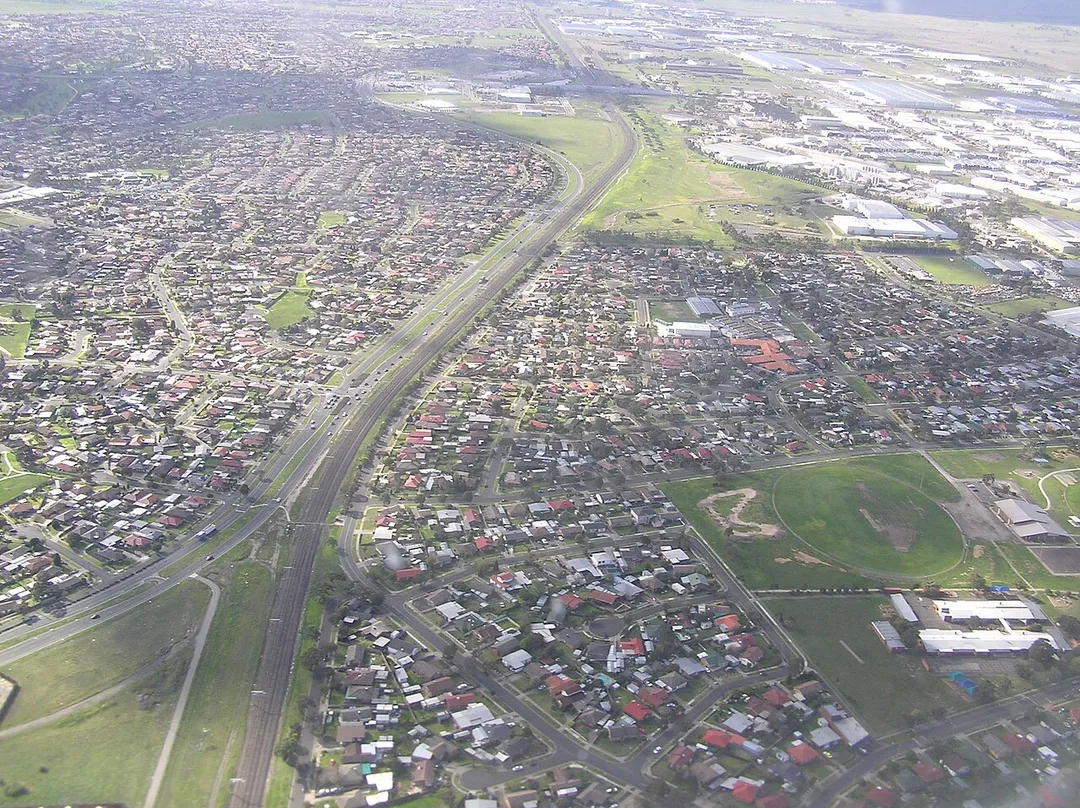 Coolaroo (on right ) and Meadow Heights (on left) aerial photo.  Pascoe Vale Road and Craigieburn railway line is in the middle.  Part of Melbourne Victoria.  Coolaroo Station should be in the field of view if it existed then.